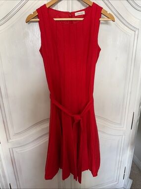 Calvin Klein Women’s Tomato Red Sleeveless Belted Fit & Flare Linen Dress Size S